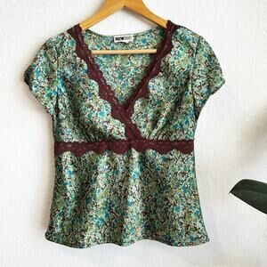 VTG Y2K In Studio Babydoll Top MP Satin/Lace Forest Fairy Grunge Goblincore Boho